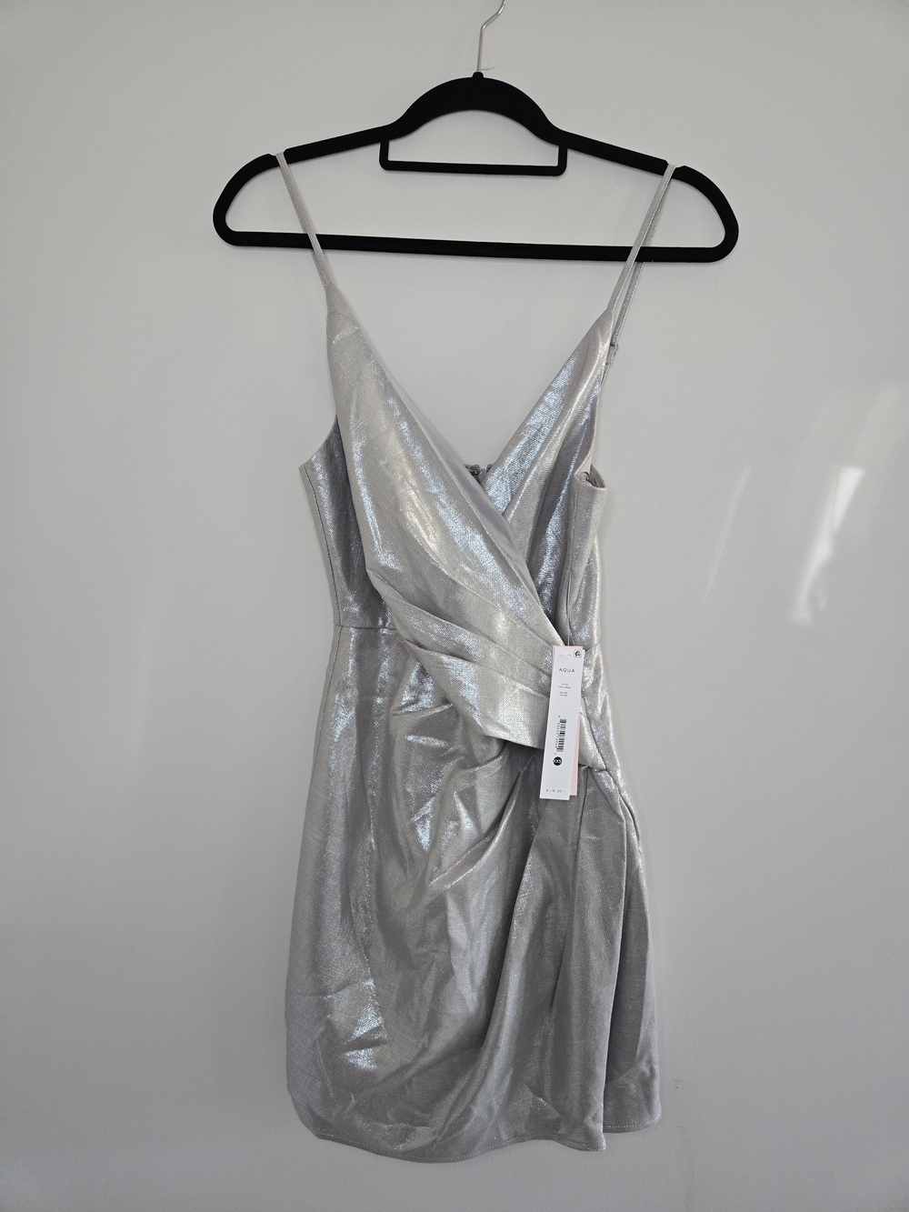 Aqua silver metallic wrap front mini dress, xxs, new with tags